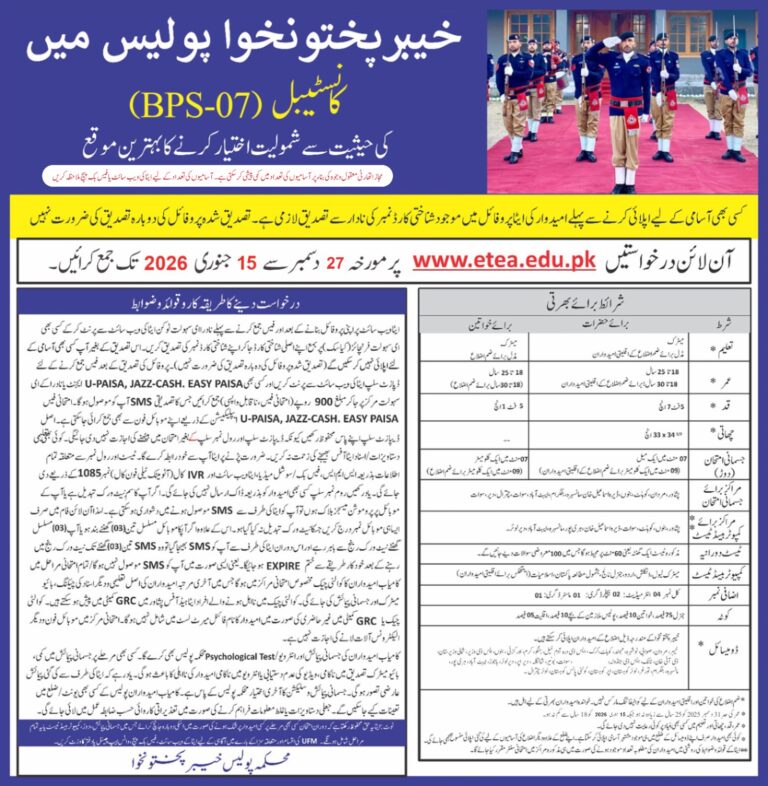 The vacancies for Constable (BPS-07) have come in the Khyber Pakhtunkhwa Police Department