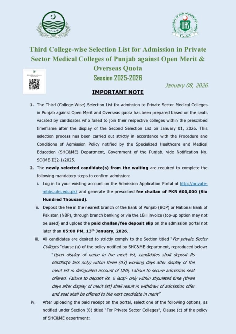University of Health Sciences (UHS) Lahore has announced 3rd College-wise Selection List of MBBS