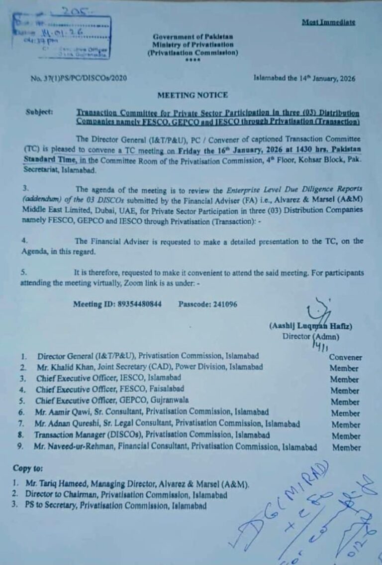 The Government of Pakistan has convened a meeting of the Transaction Committee