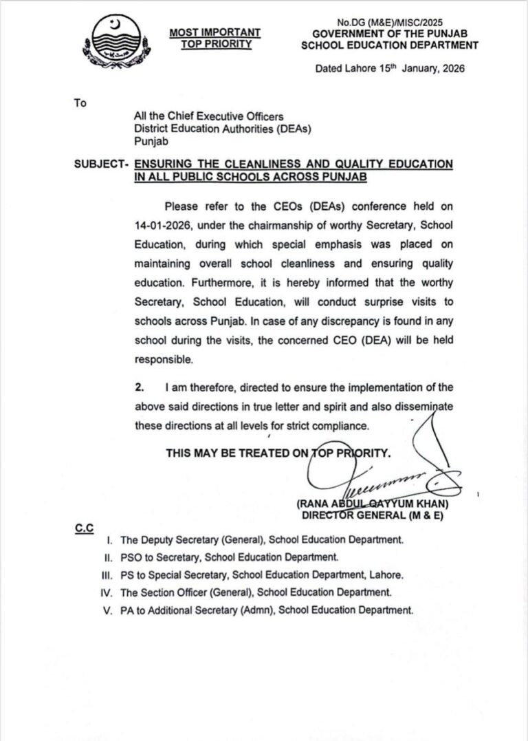 ENSURING THE CLEANLINESS AND QUALITY EDUCATION IN ALL PUBLIC SCHOOLS ACROSS PUNJAB