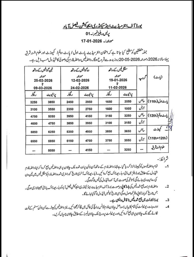 Inter First Annual Exam 2026 Admission Form Fee Schedule