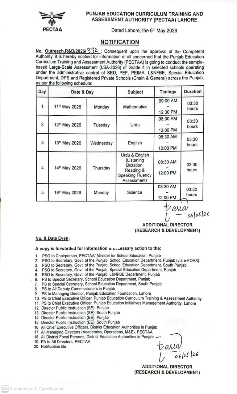 Schedule of LSA-2026 of Grade-4 | LSA Schools list pdf