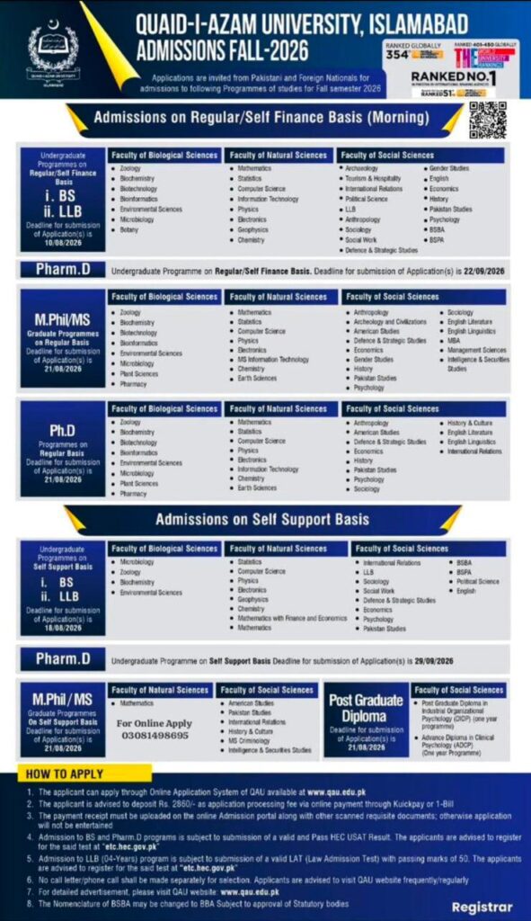 QAU Islamabad Admissions Fall 2026 QAU Islamabad Admissions Fall 2026