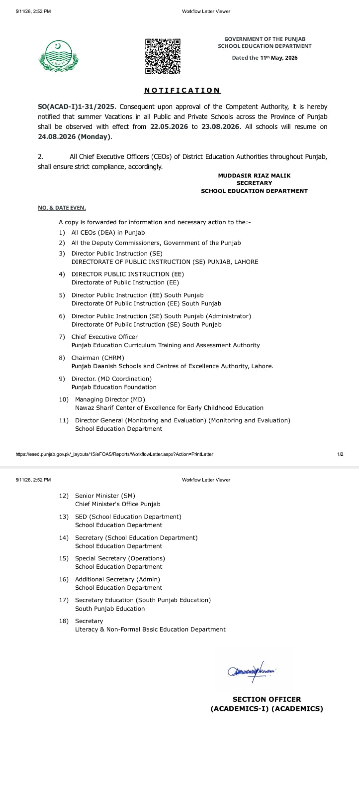 Punjab Summer Vacations Notification 2026