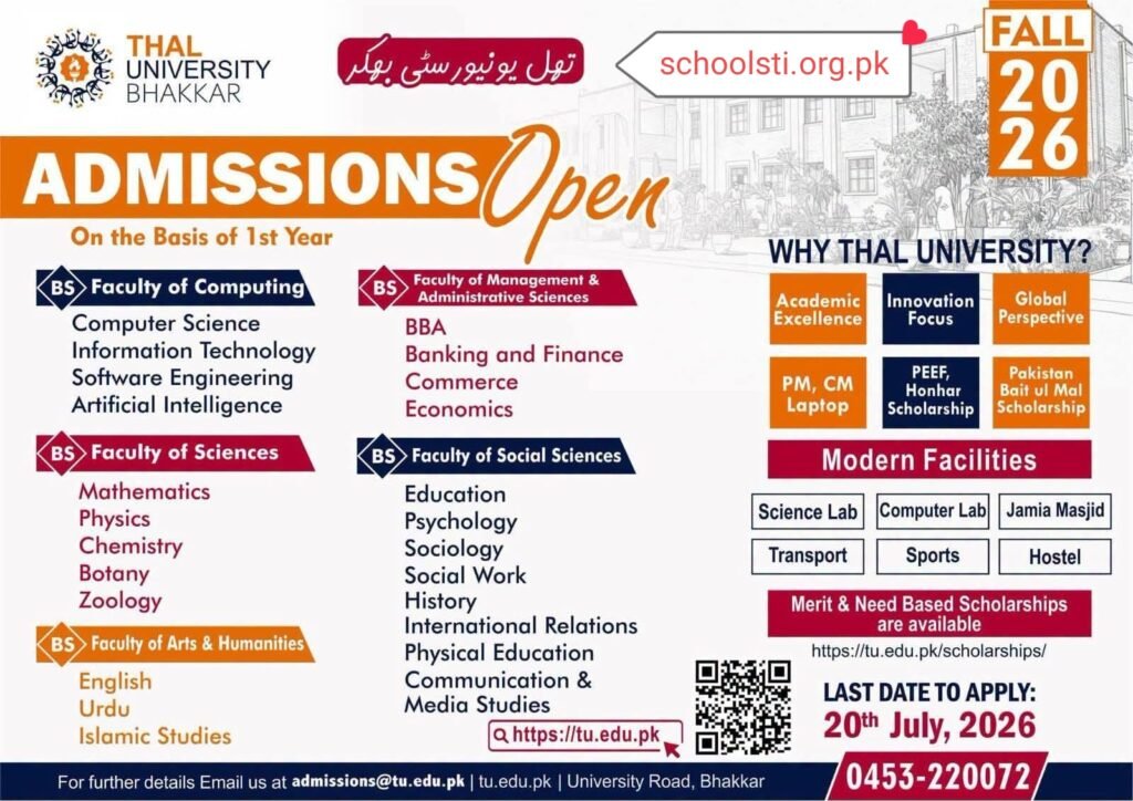 Admissions Open – Fall 2026
Thal University Bhakkar