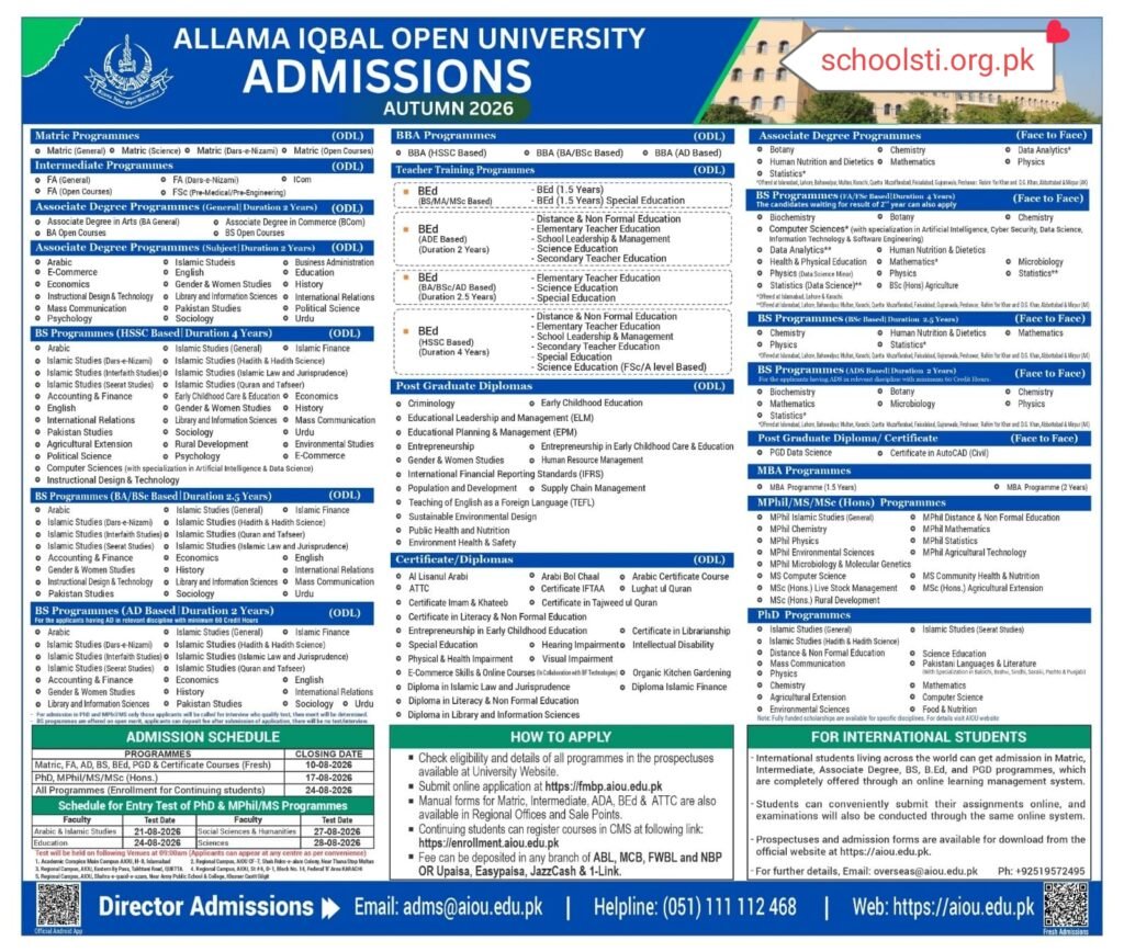 AIOU Admissions Open Autumn 2026