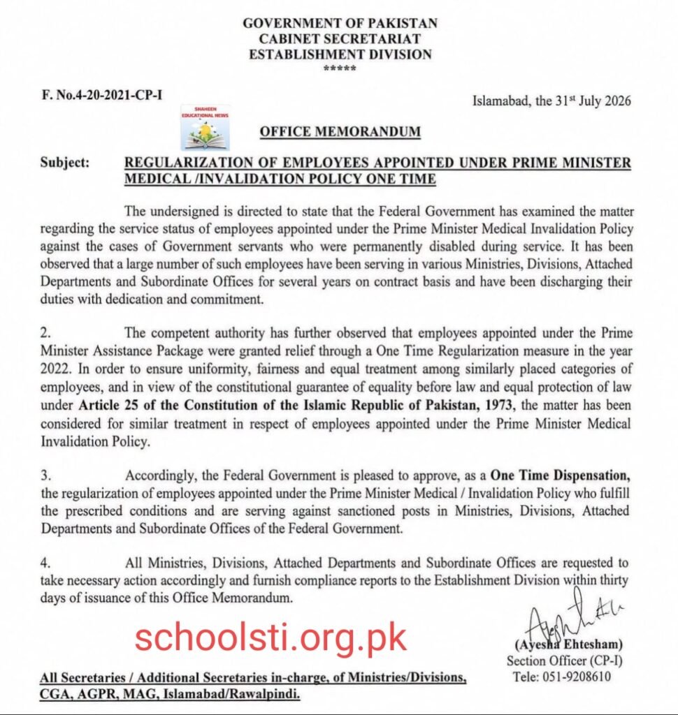 Prime Minister Medical Invalidation Policy in Federal Government