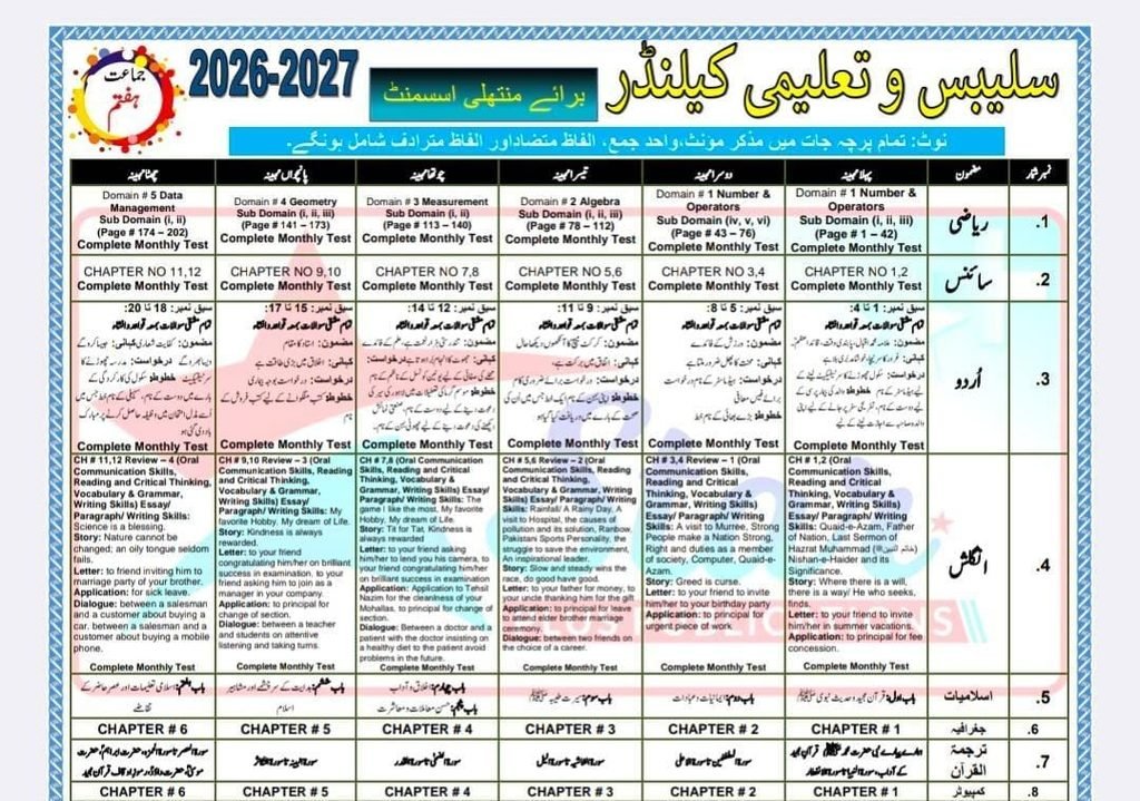 Taleemi Calendar2026 2027 Class 7th