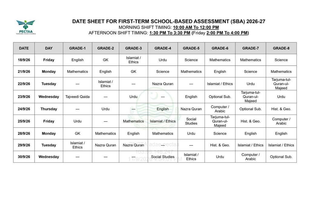 PECTAA First-Term School-Based Assessment (SBA) 2026–27