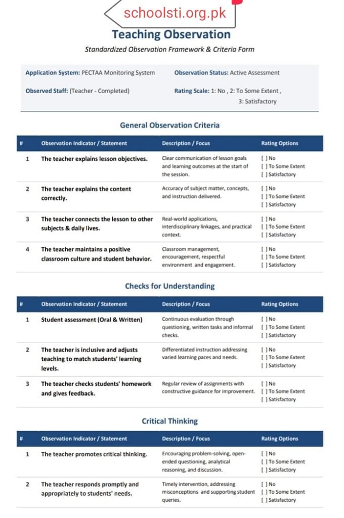 PECTAA Teaching Observation Form PECTAA Teaching Observation Form