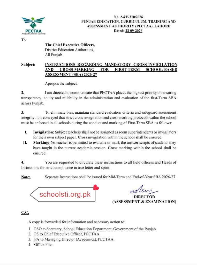PECTAA Notification Cross-Invigilation & Cross-Marking for First-Term SBA 2026–27 PECTAA Notification Cross-Invigilation & Cross-Marking for First-Term SBA 2026–27