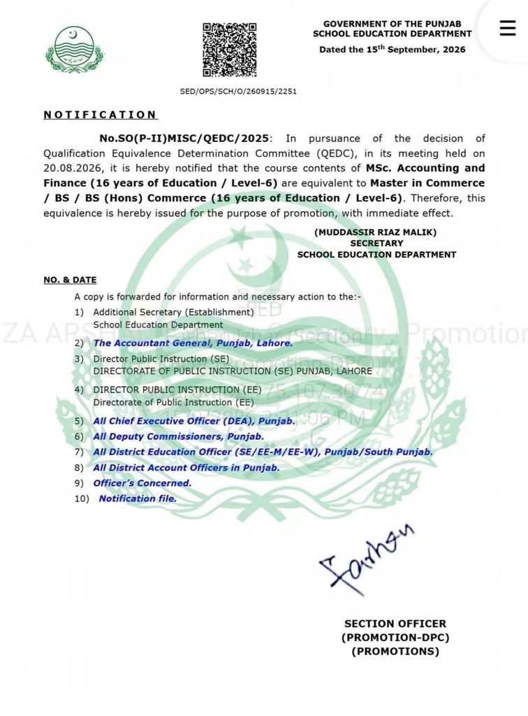 Punjab School Education Department Issues Landmark QEDC Equivalence Notification for MTE & MA ELTL 3 equal degree 3