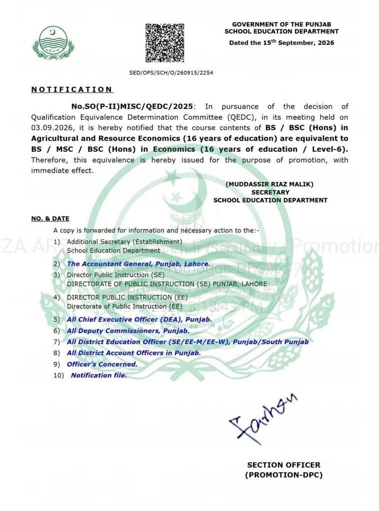 Punjab School Education Department Issues Landmark QEDC Equivalence Notification for MTE & MA ELTL 4 equal degree 4