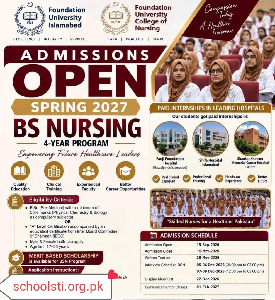 Foundation University Islamabad BS Nursing Admissions Spring 2027