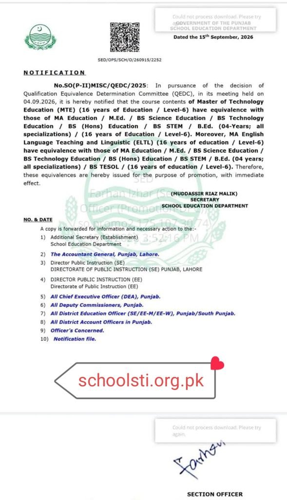 Punjab School Education Department Issues Landmark QEDC Equivalence Notification for MTE & MA ELTL ma education med