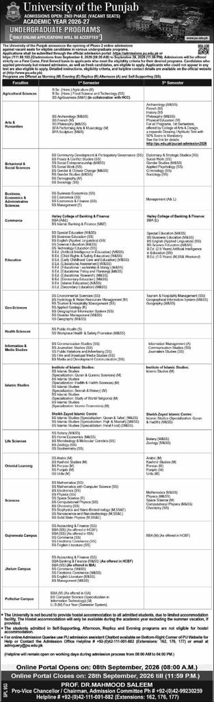 University of the Punjab (PU) Undergraduate Admissions 2026–27 (Phase 2)