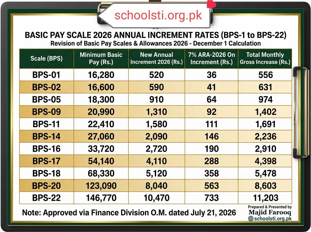 Basic Pay Scale 2026 Annual Increment Rates (BPS-1 to BPS-22) Basic Pay Scale 2026 Annual Increment Rates (BPS-1 to BPS-22)