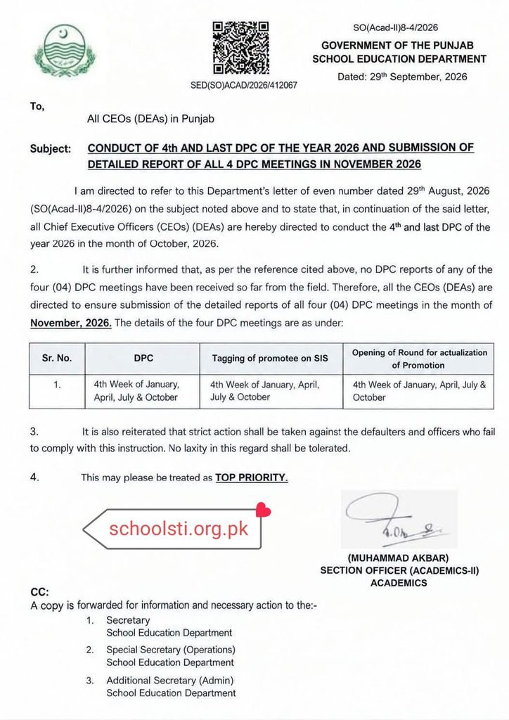 Punjab School Education Department Mandates 4th DPC 2026