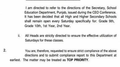 Punjab Schools to Open on Saturdays for Grades 9, 10, 1st & 2nd Year 1 Saturday off