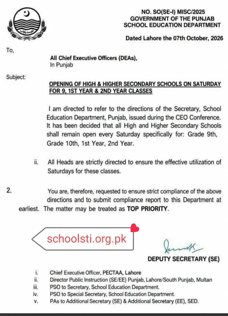 Punjab Schools to Open on Saturdays for Grades 9, 10, 1st & 2nd Year Punjab Schools to Open on Saturdays for Grades 9, 10, 1st & 2nd Year