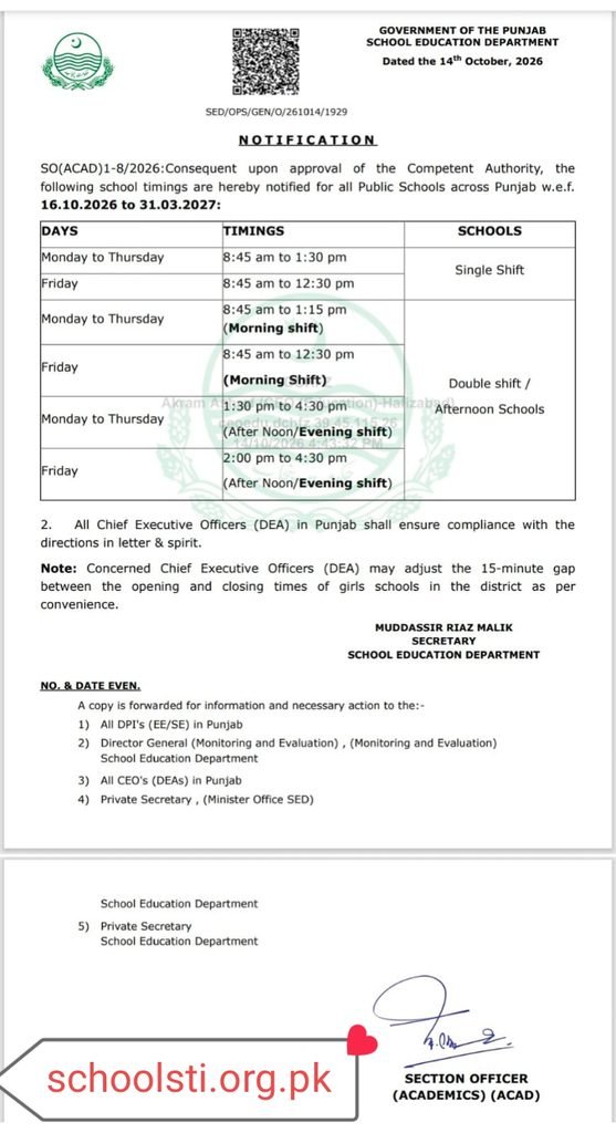 Winter School Timings October 2026